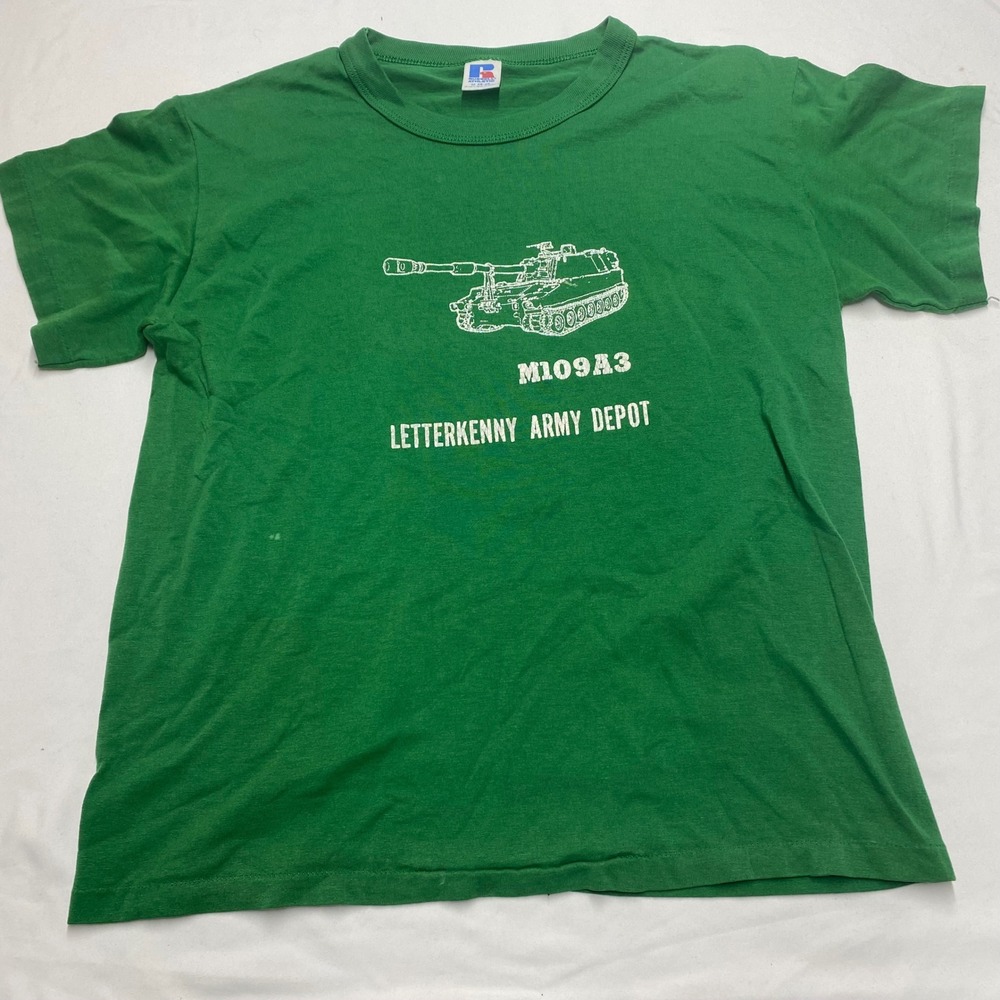Vintage Russell Athletic Letterkenny Army Depot M109A3 Tank T-Shirt Green M